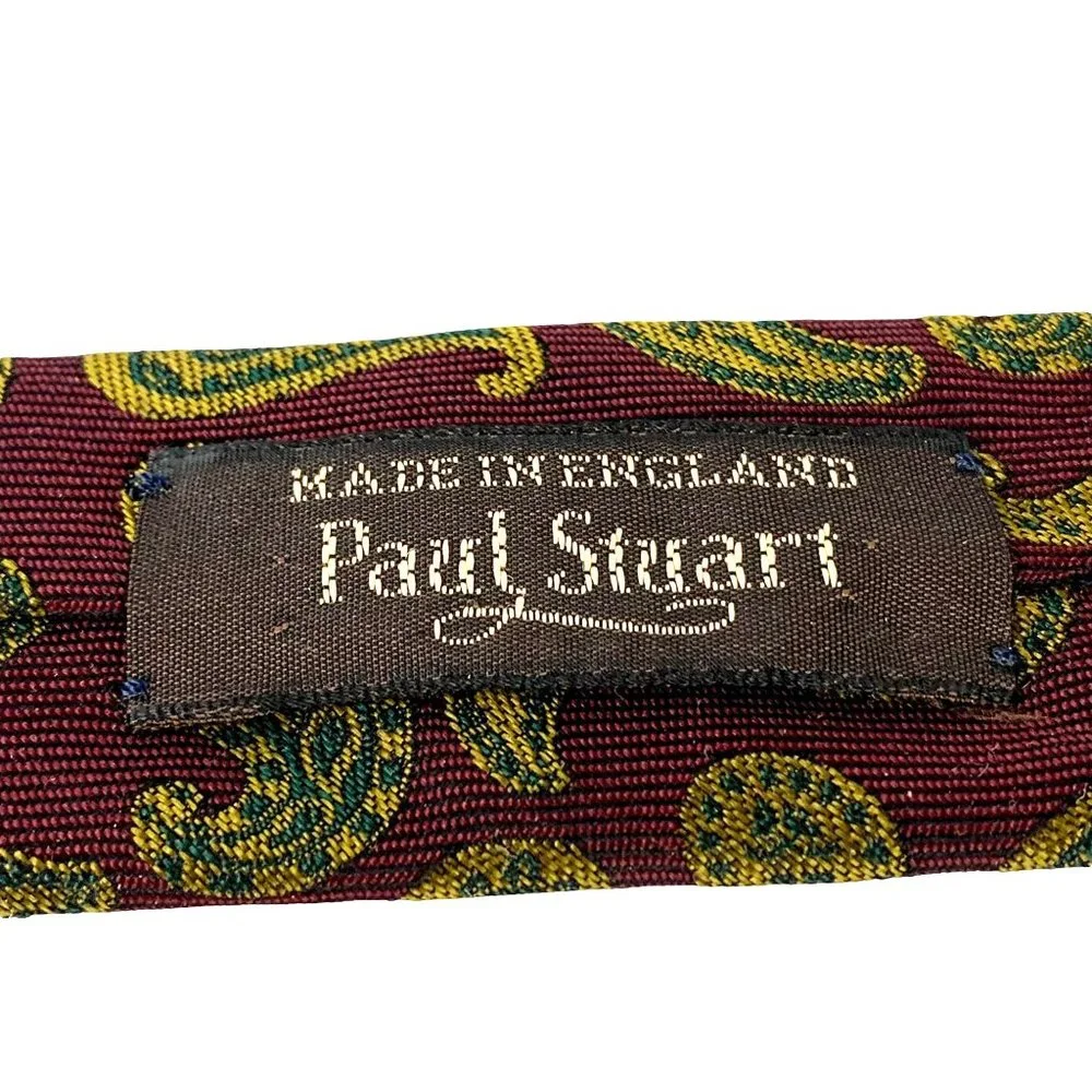 PAUL STUART 100% Silk Burgundy Gold Tip Paisley Tie‎ Made in England